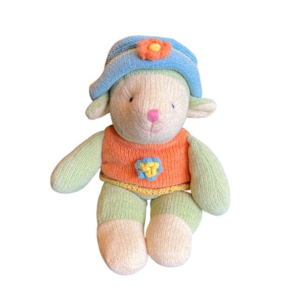RUSS Plush Knit Lamb "Wootles" Orange Sweater Blue Hat with Flower Beanie 12" - Picture 1 of 6